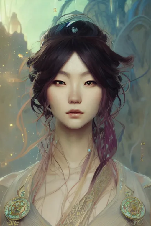 Image similar to portrait ayaka from genshin, in ruined Atlantis Sunrise, ssci-fi and fantasy, intricate and very beautiful and elegant, highly detailed, digital painting, artstation, concept art, smooth and sharp focus, illustration, art by tian zi and WLOP and alphonse mucha