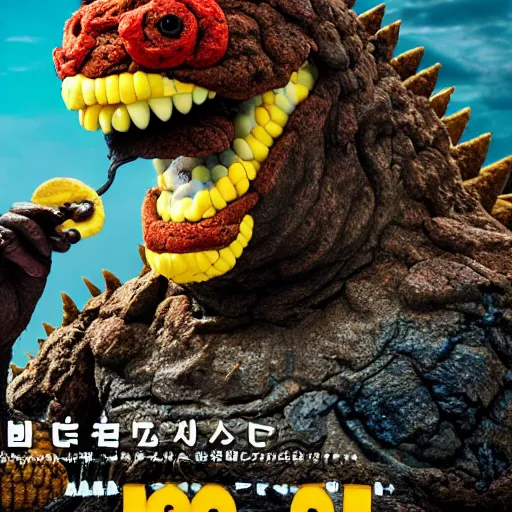 Image similar to Poop monster with corn in it, eating a cookie, godzilla, japan, movie set, 4k, HDR