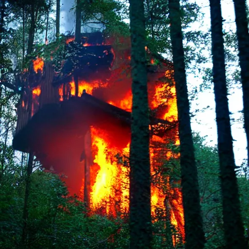 Prompt: outdoors photograph of a treehouse burning in the forest, tragic, big flames, bokeh, vibrant, passionate, astonishing nature