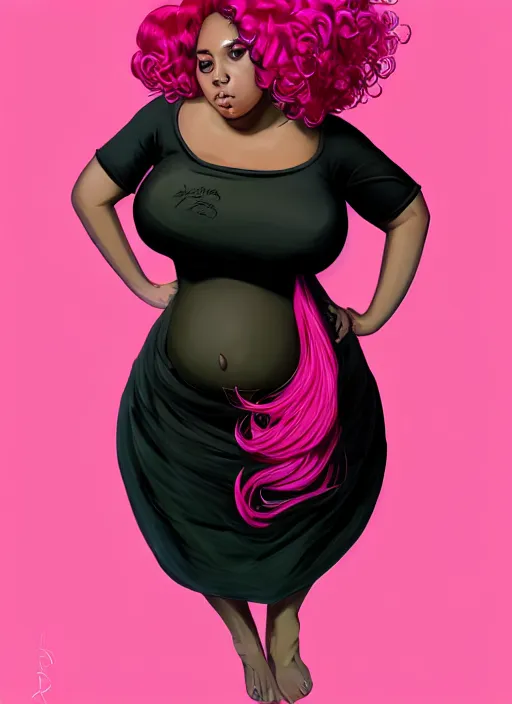 Image similar to full body portrait, teenage vanessa morgan, pink hair, obese, curly pixie hair, sultry, realistic, short hair, hoop earrings, skirt, shirt, fat, belly, black girl, intricate, elegant, highly detailed, digital painting, artstation, concept art, smooth, sharp focus, illustration, art by wlop, mars ravelo and greg rutkowski