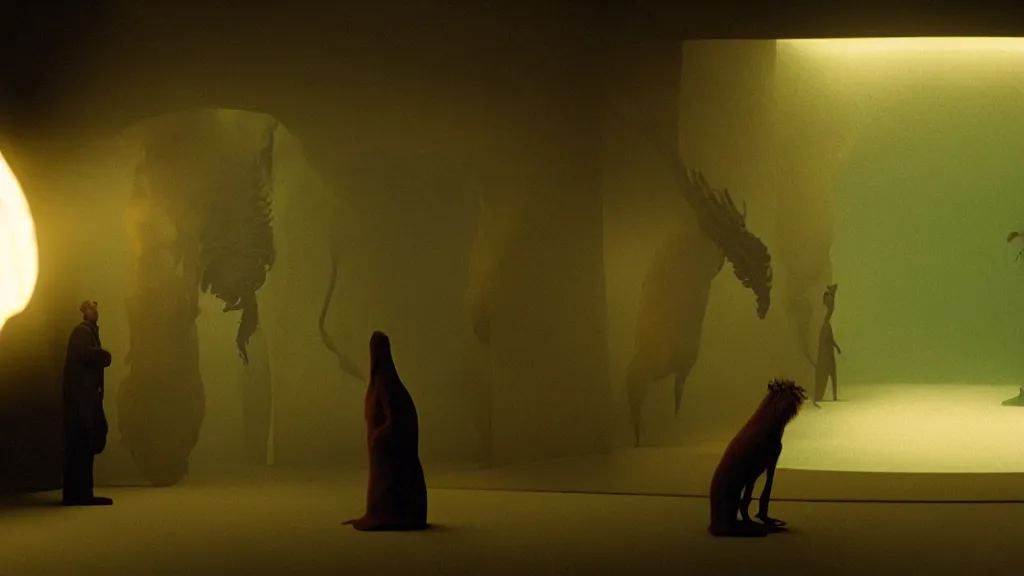 Image similar to the strange creature, made of glowing oil, they suffer from elevatophobia, film still from the movie directed by denis villeneuve and david cronenberg with art direction by salvador dali and dr. seuss