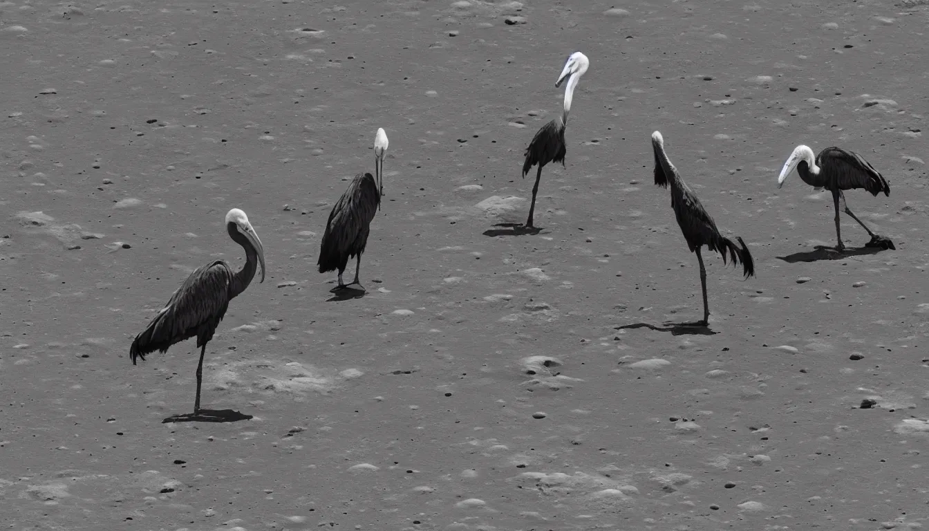 Prompt: a shoebill stork taking a bath on the surface of the moon, with some alien lizards in the background watching