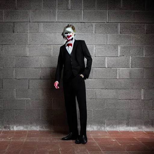 Image similar to the joker from the dark knight posing for senior prom photos, wearing black suit with red tie | digital photograph