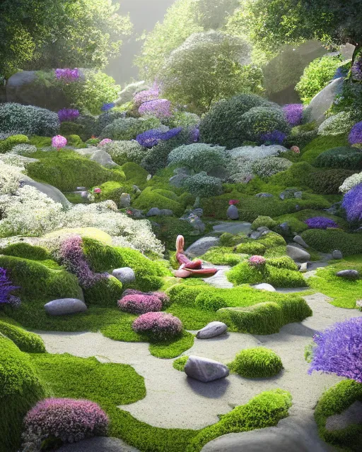 Image similar to hyper realistic render of a heavenly garden of peace, filled with trees, stone slab, flowers, moss, ferns, a girl meditating at a distance, trending on artstation, volumetric lighting, hyper realistic, hyper detailed, high quality render, blender guru