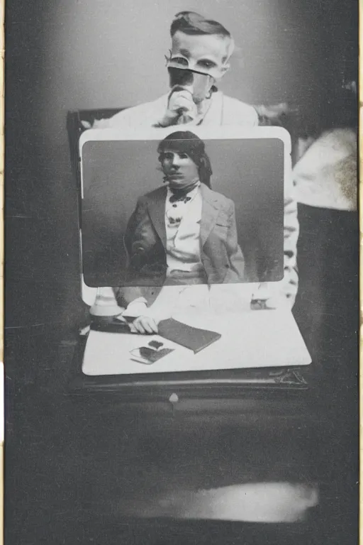 Image similar to 1 9 0 0 s photo of a person on a macbook pro old photo grain double exposure masterpiece