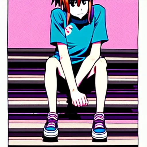 Image similar to skater girl sitting on steps by scott pilgrim, by bryan lee o'malley, tank girl, muted colors anime