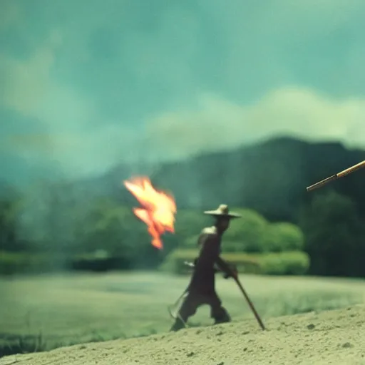 Image similar to cinematic film still Pharrell Williams starring as a Samurai holding fire, Japanese CGI, VFX, 2003, 40mm lens, shallow depth of field,film photography