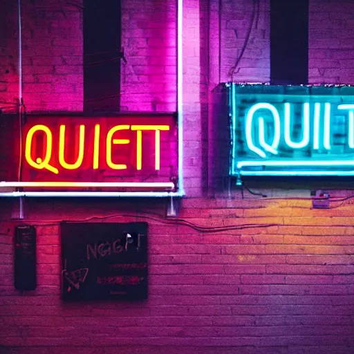 Image similar to a neon sign saying Quiet Night outside a cyberpunk nightclub, raining