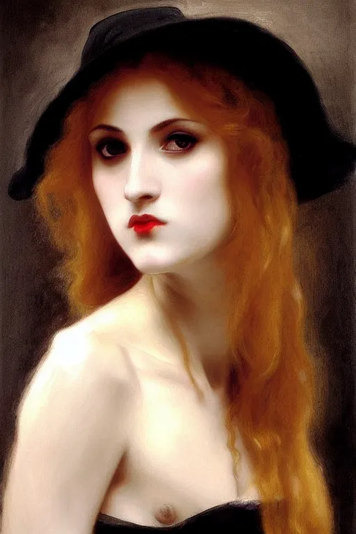 Prompt: vampire in a big black hat painting by rossetti bouguereau, detailed art, artstation