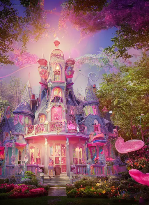 Prompt: Magical enchanted mansion on a candy biome full of oddities made by genshin impact, cotton candy trees, cinematic shot, intricate, ornate, photorealistic, ultra detailed, realistic, 100mm, photography, octane, high definition, depth of field, bokeh, 8k, artstation