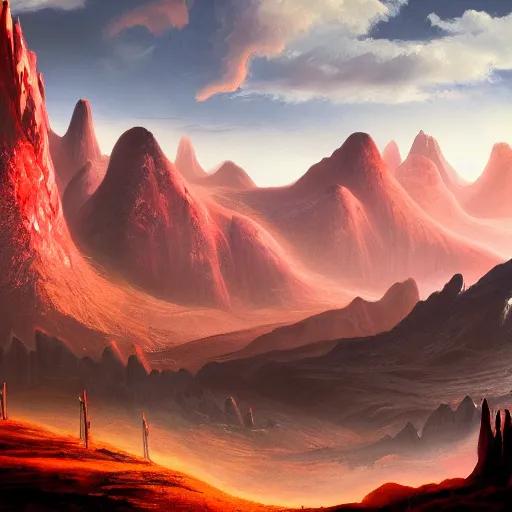Prompt: The blood landscape with mountains in the background, Sci-Fi fantasy wallpaper, painted, 4k, high detail, sharp focus