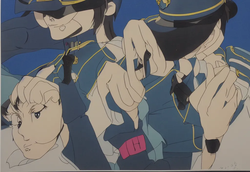 Image similar to police woman, animation cel for anime movie, designed by haruhiko mikimoto