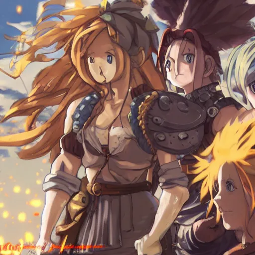 Image similar to steam punk, chrono trigger, detailed anime characters, starring crono, marle and ayla, vivid light, greg rutkowski, uhd, uhd uhd uhd, 8 k, shallow depth of field, intricate detail, concept art!