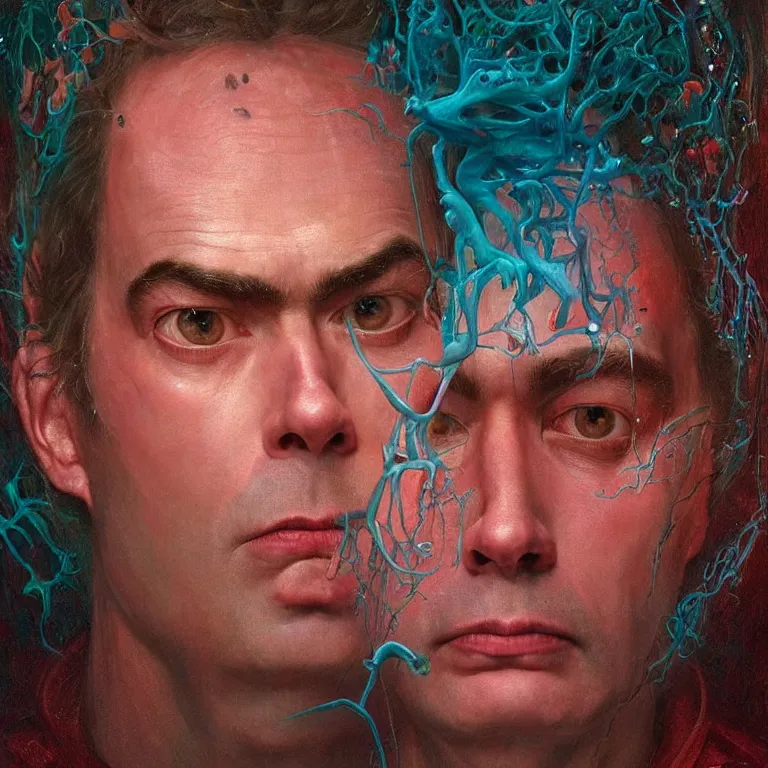 Prompt: Hyperrealistic intensely colored close up studio Photograph portrait of a deep sea bioluminescent Bill Hader, symmetrical face realistic proportions eye contact, sitting in His throne underwater, award-winning portrait oil painting by Norman Rockwell and Zdzisław Beksiński vivid colors high contrast hyperrealism 8k