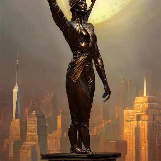 Prompt: a bronze sculpture stands as the centerpiece of futuristic art deco new york city, fantasy, intricate, elegant, digital painting, trending on artstation, concept art, sharp focus, illustration by greg rutkowski, Gaston Bussiere and artgerm, 4k.