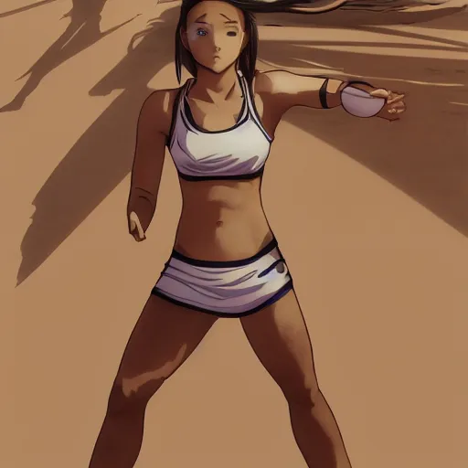 Prompt: anime style, female beach volley player, futuristic sport clothing, on the bach, standing pose, brown short hair, hair down, symmetrical facial features, from arknights, hyper realistic, rule of thirds, extreme detail, 4 k drawing, safebooru, realistic lighting, by alphonse mucha, greg rutkowski, sharp focus, backlit