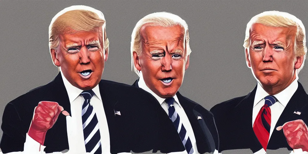 Image similar to a portrait of donald trump and joe biden having a fist fight, art station, digital art