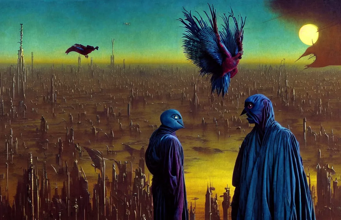 Image similar to realistic detailed portrait movie shot of a birdman wearing dark ragged robes, futuristic city sunset landscape background by denis villeneuve, amano, yves tanguy, alphonse mucha, ernst haeckel, max ernst, roger dean, ridley scott, rich moody colours, blue eyes