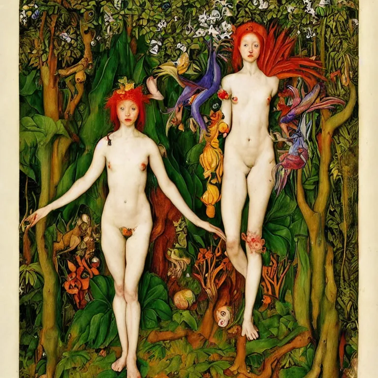 Image similar to a dryad venus, transforms herself into a tropical alien fish. in the forest around her are colorful tropical birds and orchids. painted by jan van eyck, egon schiele and max ernst, trending on artstation, 8 k, award winning
