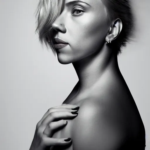 Image similar to beautiful portrait photo of Scarlett Johansson, 85mm, white studio backdrop. She is bending over to pick something important up. you cannot see her face in the image.