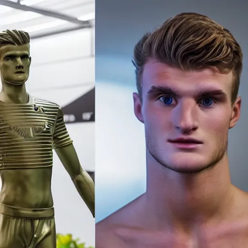 Image similar to a realistic detailed photo of a guy who is an attractive humanoid who is half robot and half humanoid, who is a male android, soccer players martin ødegaard & timo werner, shiny skin, posing like a statue, blank stare, in a living room, on display, showing off his muscles, gold soccer shorts, no jersey, statue, many copies of them