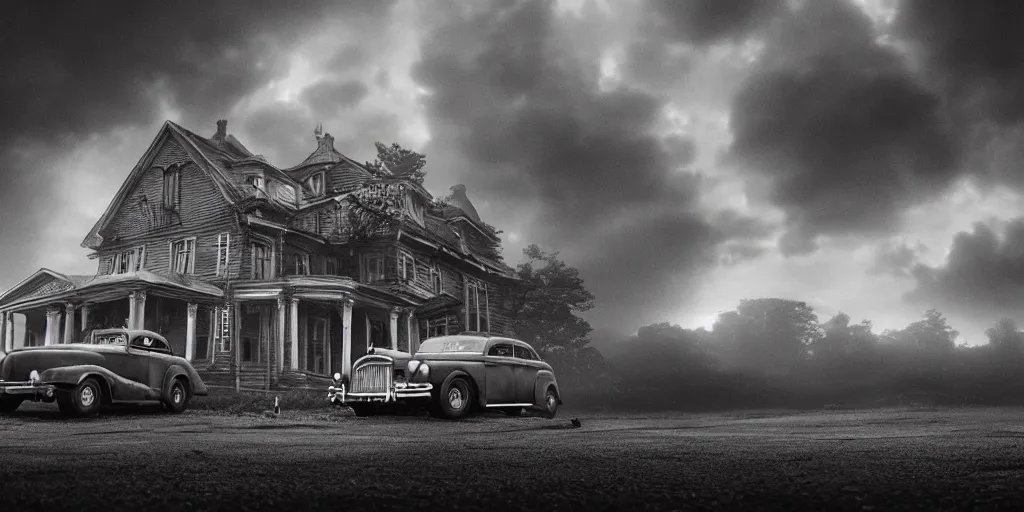 Prompt: Lovecraft Country, ultra detailed haunted house, stormy weather, rain, ultra detailed rain clouds, establishing atmospheric shot, unreal engine, F11 aperture, night, detailed volumetric fog, lighting and thunder, film grain, one ultra detailed grey 1948 Packard Station Sedan parked in the street,