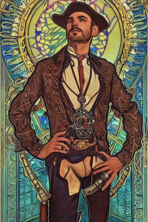 Prompt: a dramatic ethereal epic symmetrical painting of a handsome villainous cowboy standing in front of a steam train locomotive! his shirt is unbuttoned and he has a pocketwatch! tarot card, art deco, art nouveau, ( steampunk ), homoerotic, realistic! by louis comfort tiffany and alphonse mucha! trending on artstation