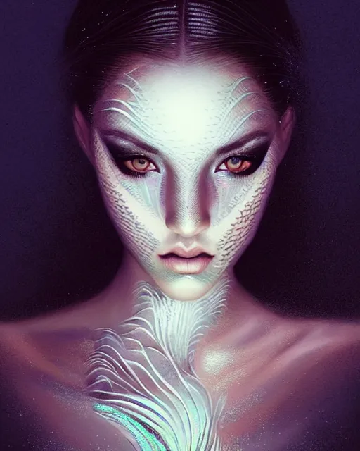 Prompt: ( ( ( portrait of mermaid ) ) ), zoom, rule of thirds, intricate, attractive, symmetrical!!, makeup, loreal, maybelline, sephora, loreal, artstation, art by greg rutkowski and gonzalo ordonez arias, and artgerm, filmic, vsco, moody, gotham, concept art, cg society,