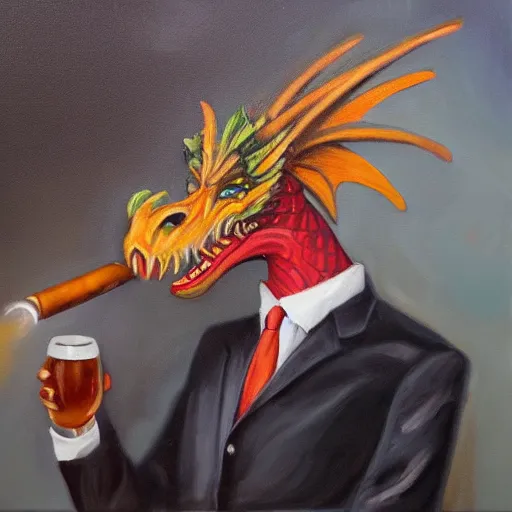 Image similar to oil painting of a dragon wearing a suit and smoking a cigar