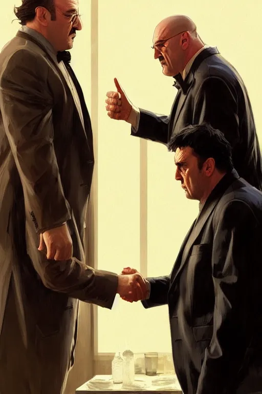 Prompt: walter white shaking hands with tony soprano and tony montana, perfect-full-shot, intricate, elegant, highly detailed, digital painting, artstation, concept art, smooth, sharp focus, illustration, art by artgerm and greg rutkowski and alphonse mucha