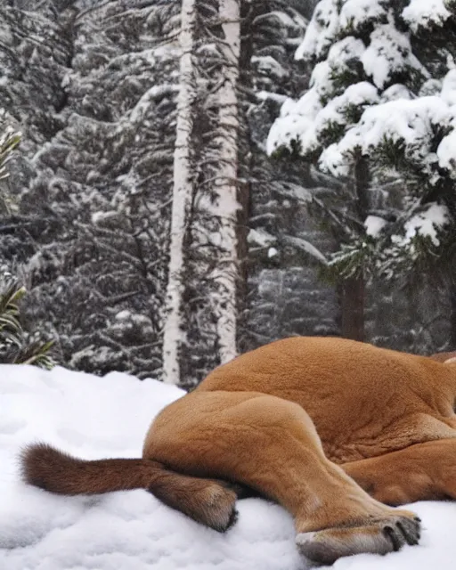 Image similar to postcard showing 'a cougar sleeping in the middle of snowy pine tree' laying on coffee table, zoomed out, HD, iphone capture