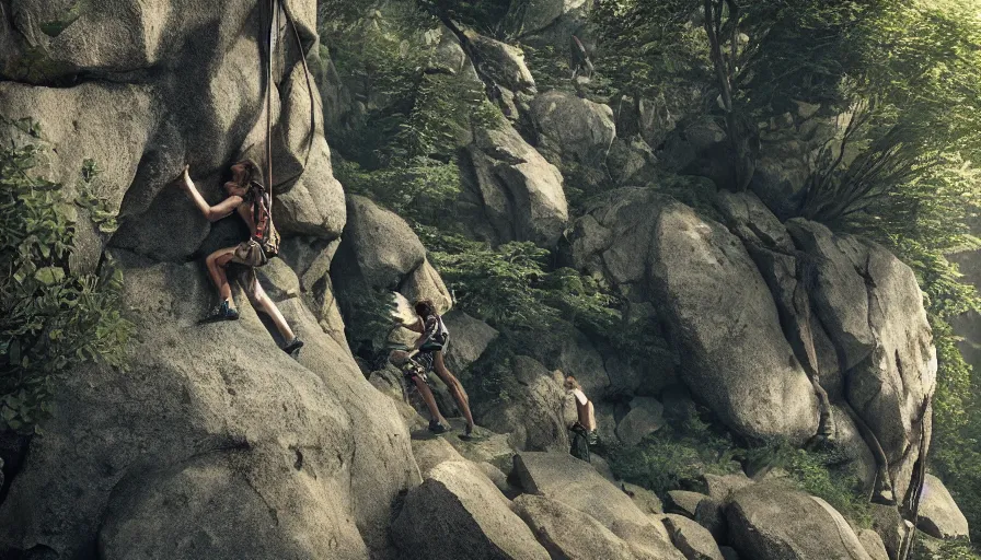 Prompt: rock climbers climbing a rock, in the forest, plants environment, wide angle, cinematic lighting, atmospheric, realistic, octane render, highly detailed, color graded, in the style of craig mullins