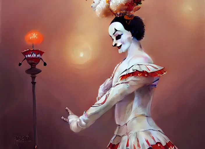 Image similar to award winning digital art of a beautiful elegant pierrot jester wearing a traditional pierrot outfit, performing at a magnificent carnival, beautiful background, trending artstation, digital art, aesthetic, bloom, intricate, elegant, sharp focus, digital illustration, highly detailed, octane render, digital painting, concept art, art by ruan jia and greg rutkowski and sachin teng, masterpiece