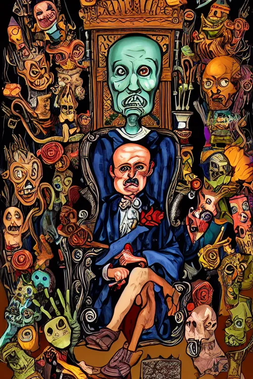 Prompt: a haunted man sitting in a throne, surrounded by your alternative personalities in lowbrow art style