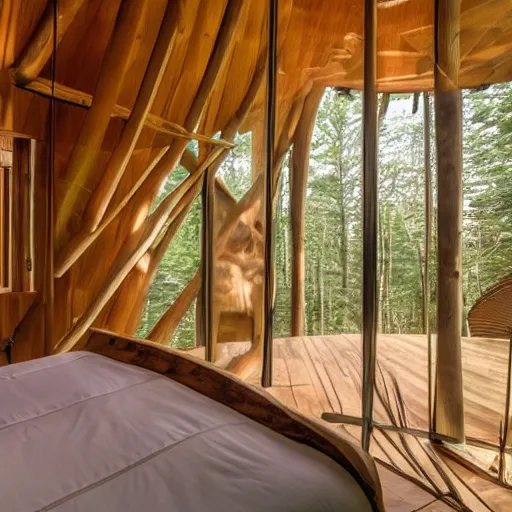 Image similar to interior of an epic treehouse. modern design, window viewing forest canopy, wooden bridge