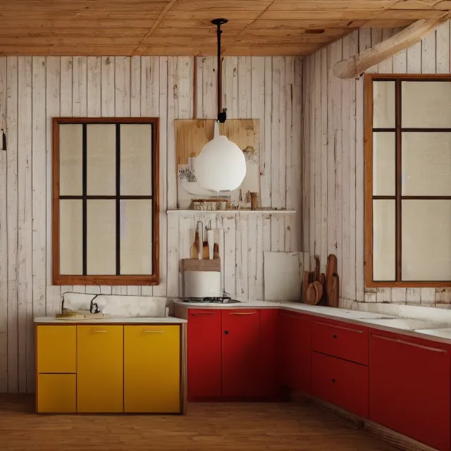 Image similar to kitchen interior in a wooden a frame cabin, yellow cabinets and white walls, red vintage fridge, large window in back, leather couch, realistic, unreal engine render, octane render, hyper realistic, photo, 8 k