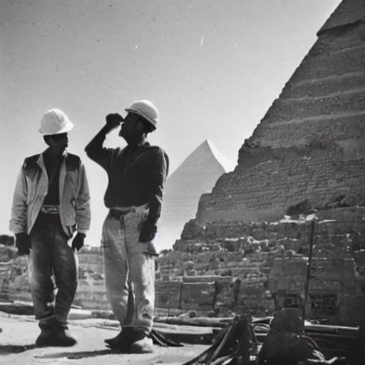 Image similar to a rare candid photograph of an egyptian engineer and a construction worker talking at the early construction of the khufu pyramid, dslr high resolution