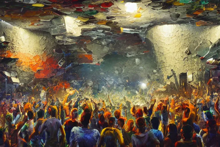 Prompt: palette knife oil painting of psychedelically lit exposed concrete walls, a crowd of clubbers, surrounding a cement fighting pit shaped like a satellite dish., extreme detail, artstation trending, artgerm, any racial background, deviant art, octane, substance, art history 8 k