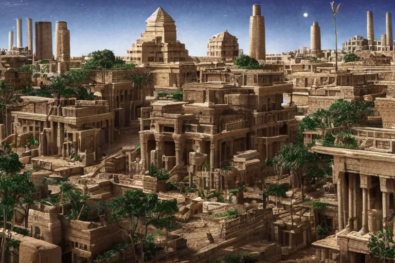 Prompt: ancient city of Babylon, hanging gardens of babylon. Robot mechas roaming the streers of ancient babylon. By morgan freeman, highly detailed