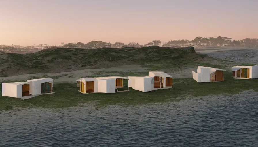 Image similar to An architectural rending of an eco-community neighborhood of innovative contemporary 3D printed sea ranch style cabins with rounded corners and angles, beveled edges, made of cement and concrete, organic architecture, on the California coastline with side walks, parks and public space , Designed by Gucci and Wes Anderson, golden hour