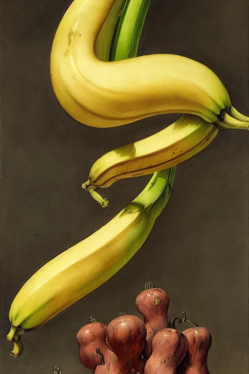 Image similar to a banana in the style of wayne barlowe, gustav moreau, goward, bussiere, roberto ferri, santiago caruso, luis ricardo falero, austin osman spare