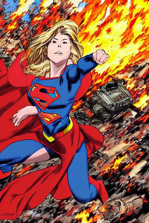 Image similar to a dramatic scene of supergirl leaping onto a tank and smashing it, on a battlefield, smoke, fires, explosions, manga art by katsuhiro otomo, close - up, low angle, wide angle, highly detailed digital art