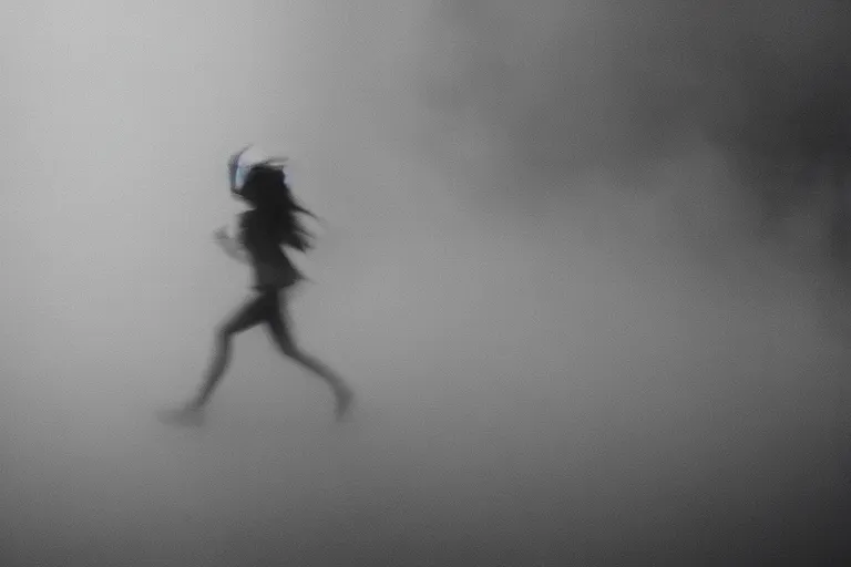 Image similar to film photography, straight colors, minimalism, woman silhouette running in the blue fog with low shutter speed, 35mm, motion blur