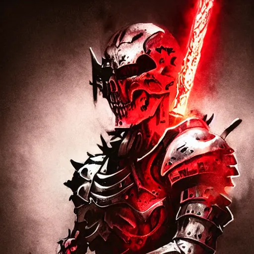 Image similar to skull wearing black knight armor creepy intimidating dragging red hot glowing sword by Yoji Shinkawa