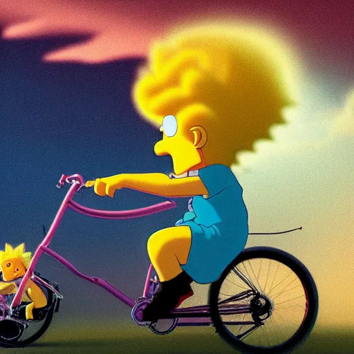 Image similar to Hyper realistic portrait of Joe Biden sniffing little Lisa Simpson's long flowing hair while they ride a bicycle together, little Lisa Simpson is sitting in the basket on the front of the bike, Cinematic lighting, ultra super good realistic 3D render by Gerald Brom and James Jean, Trending on Artstation, 8k, post processing, sharp focus