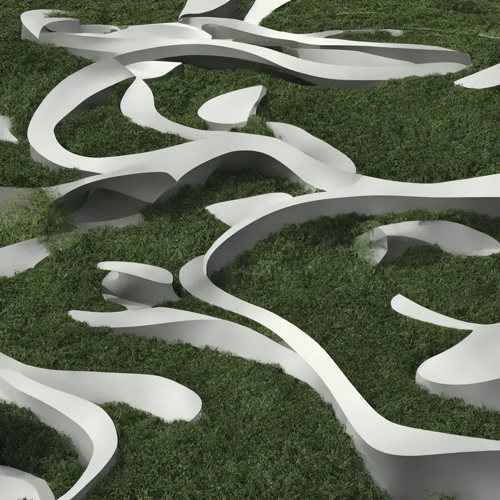 Prompt: “ an incredibly smooth curvilinear architectural immersive physical sculpture, unfolding continuous golden surfaces enclose a visually satisfying garden designed by zaha hadid, architecture render ”