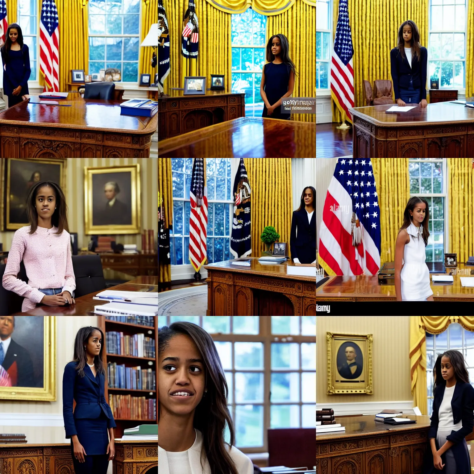 Prompt: malia obama as president of the united states standing in front of her desk in the oval office, associated press photo, stock photo, shutterstock