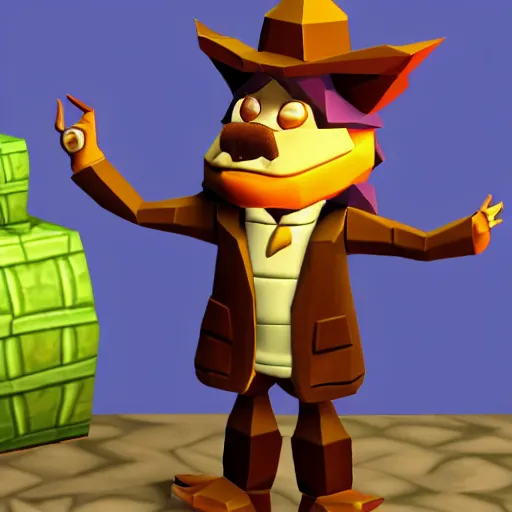 Image similar to image of a humanoid inspector badger with a brown trenchcoat as an npc in spyro the dragon video game, with low poly playstation 1 graphics, upscaled to high resolution