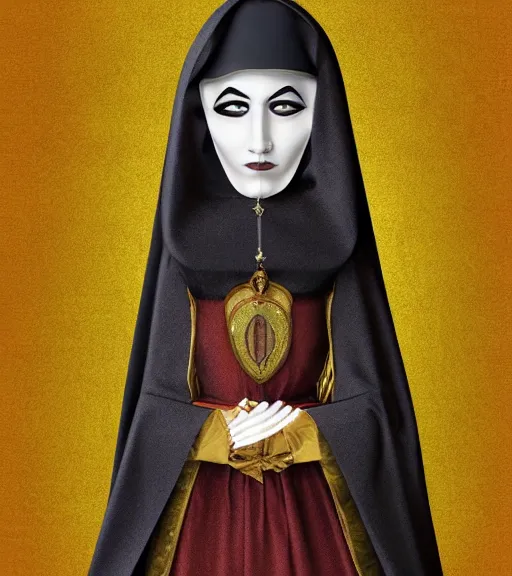 Image similar to beautiful female character inspired by venice carnival and nun | | digital artwork made by greg rutswork and lois van barlee, symmetrical, anatomically correct