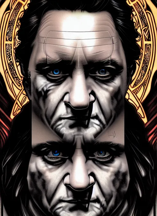 Image similar to portrait of johnny cash glowing eyes, volumetric lights, feast, music notes, art nouveau botanicals, gothic, intricate, highly detailed, digital painting, artstation, concept art, smooth, sharp focus, symmetric face, illustration, steampunk, art by artgerm and greg rutkowski and alphonse mucha